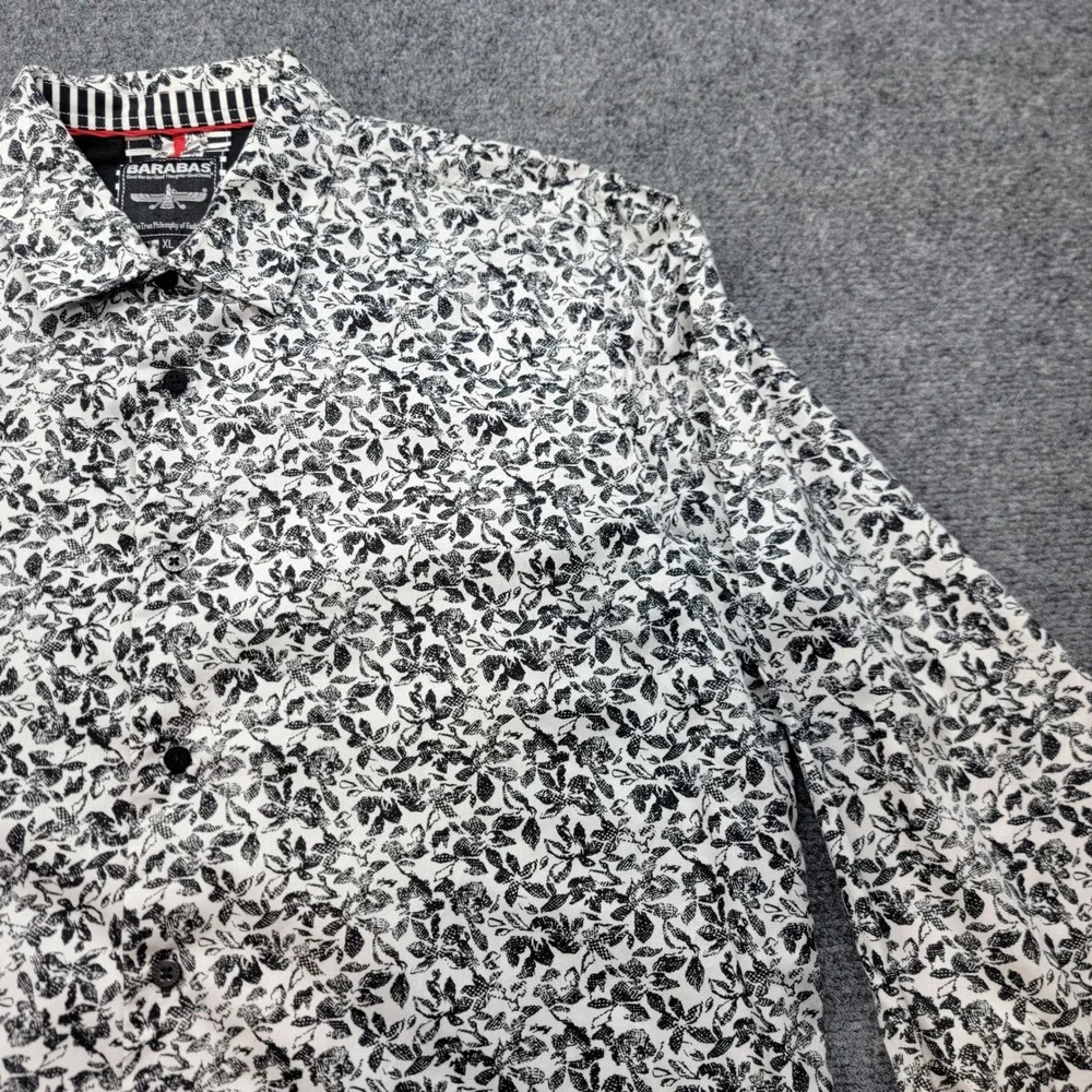 Barabas Mens XL White Black Floral Print Long Sleeve Button Down Cotton Shirt